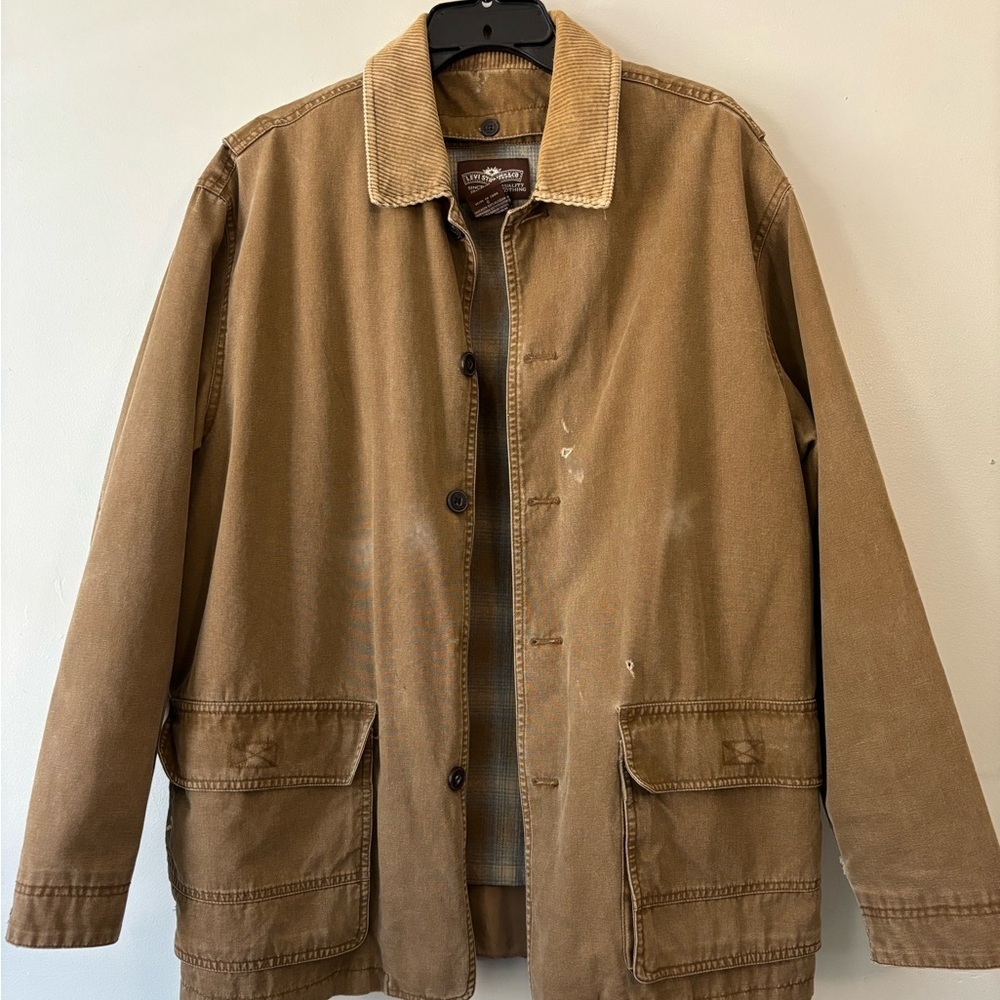 Vintage Men Barn Levis Distressed Tan Brown Jacket Corduroy Plaid Jacket Large - Picture 1 of 15